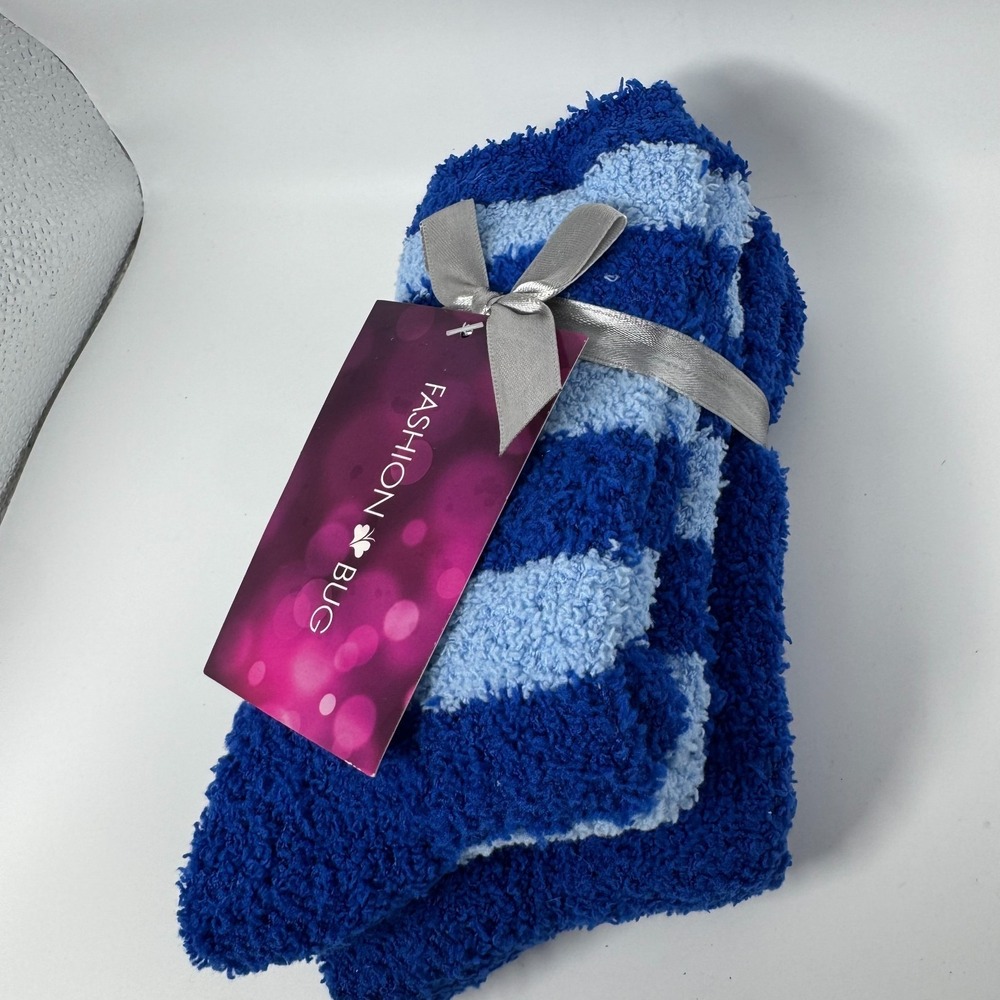 Women's Fuzzy Slipper Socks Blue & Light Blue Striped Non-Slip Cozy Plush One Si